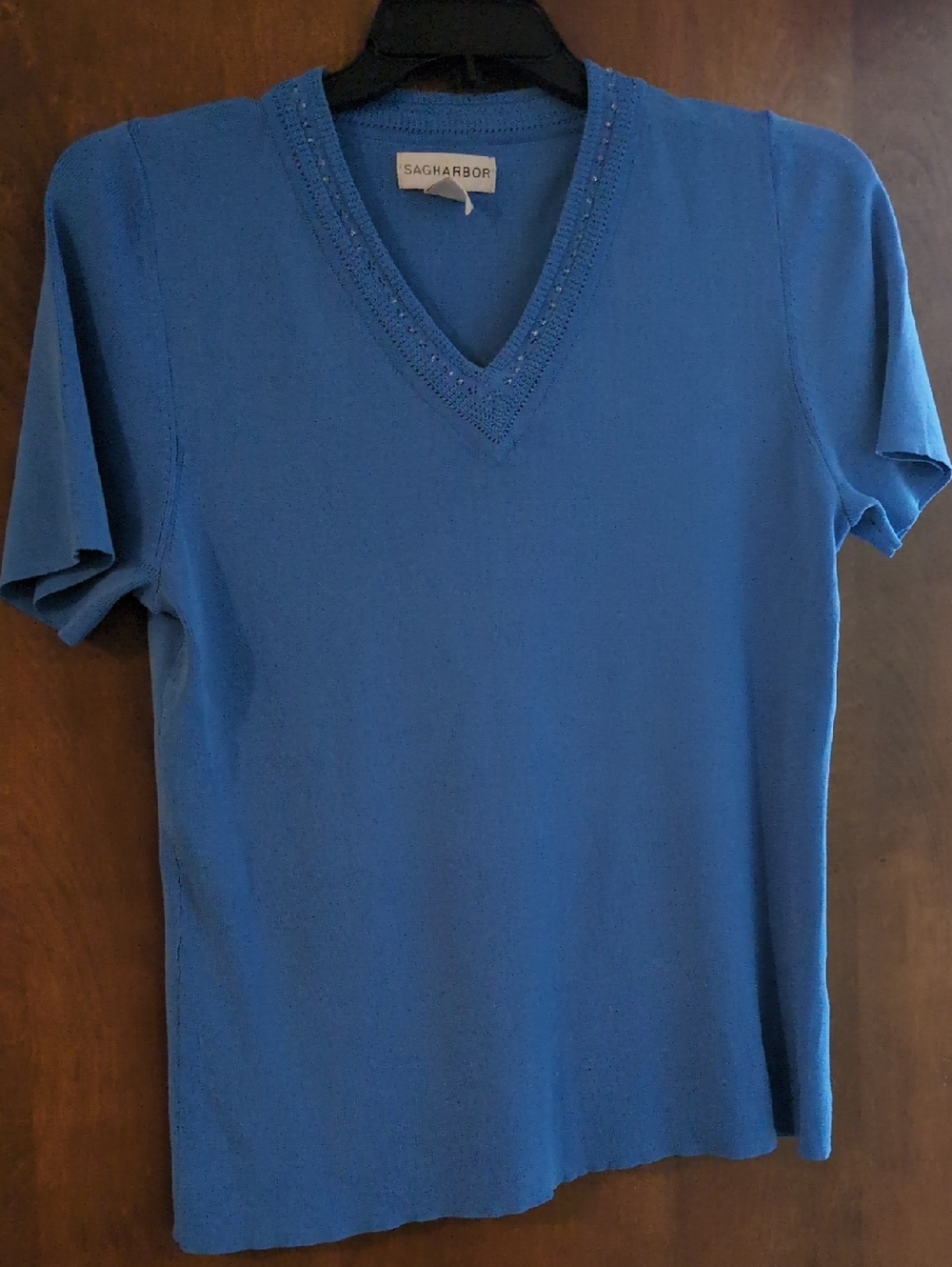 Sag Harbor Light Blue V-Neck Knit Top with Beaded Trim